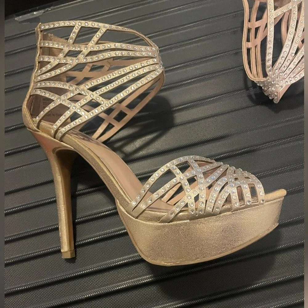 Mix No. 6 Gold Rhinestone Cage Platform‎ Stiletto Heels Womens Size 8.5 Metallic